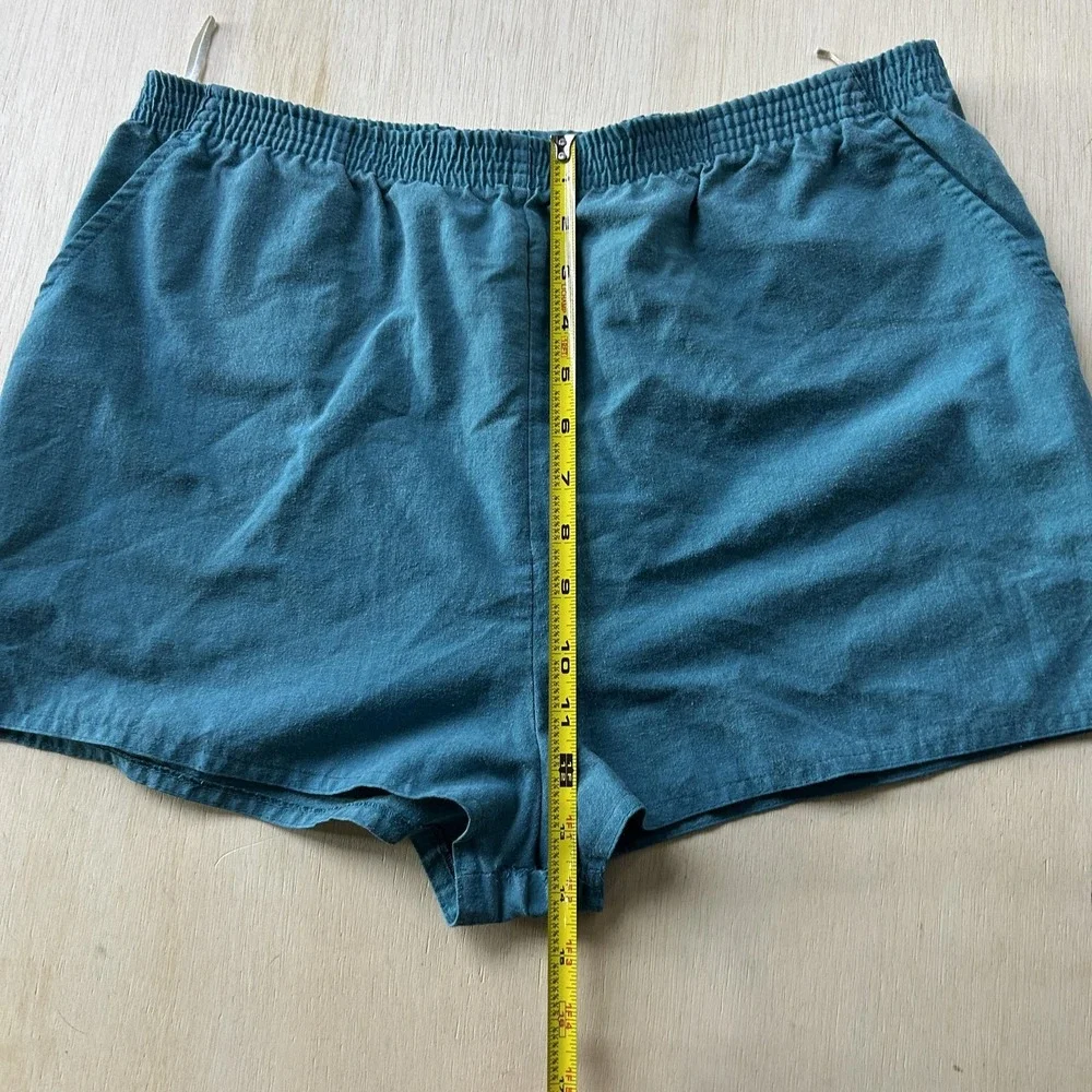 Vintage Action Scene Micro Shorts Womens 32 Blue Elastic Waist 2 Inseam Summer